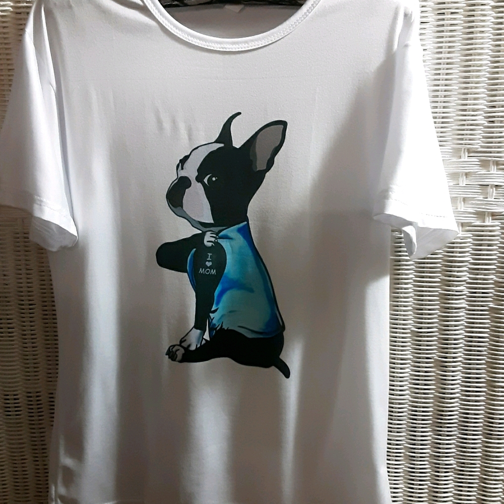 NWT..BOSTON TERRIER DOG WHITE TATTOOED T-SHIRT